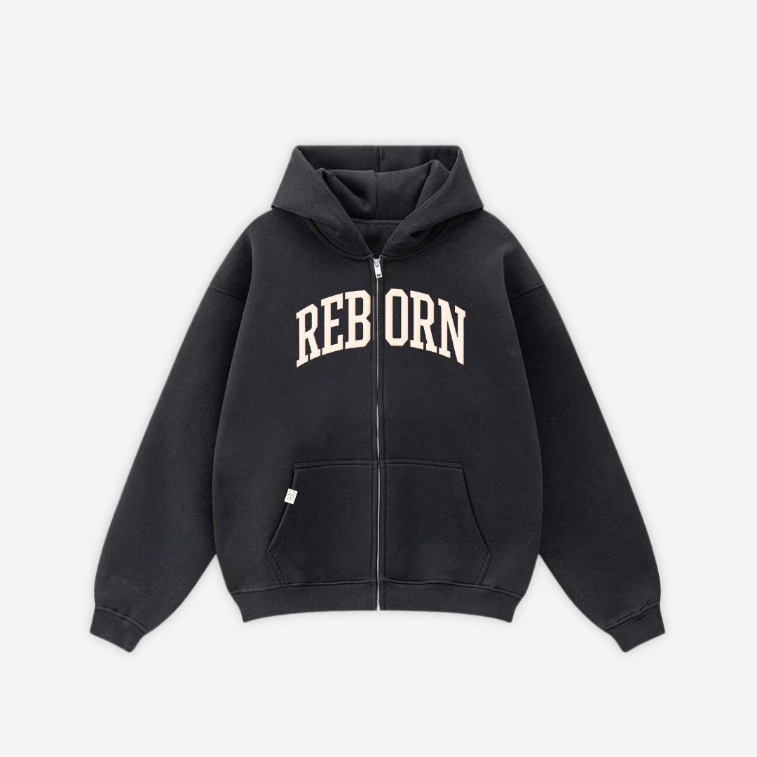 VARSITY ZIP HOODIE IN BLACK – REBORN CLUB