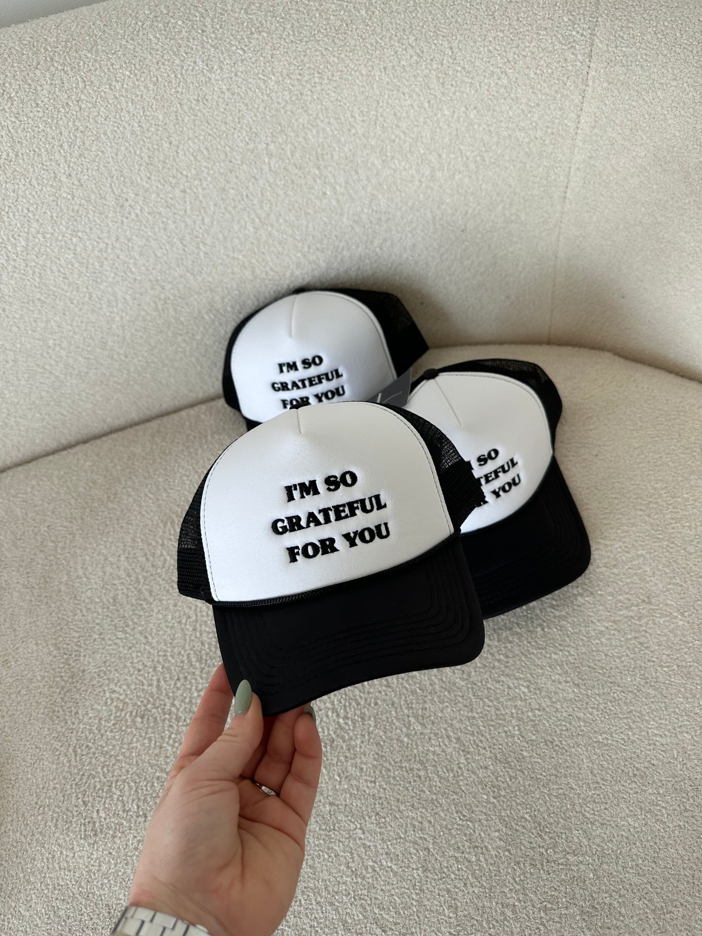 "grateful for you" trucker hat in B&W