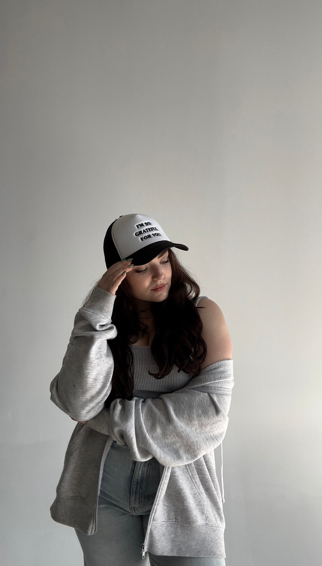 "grateful for you" trucker hat in B&W
