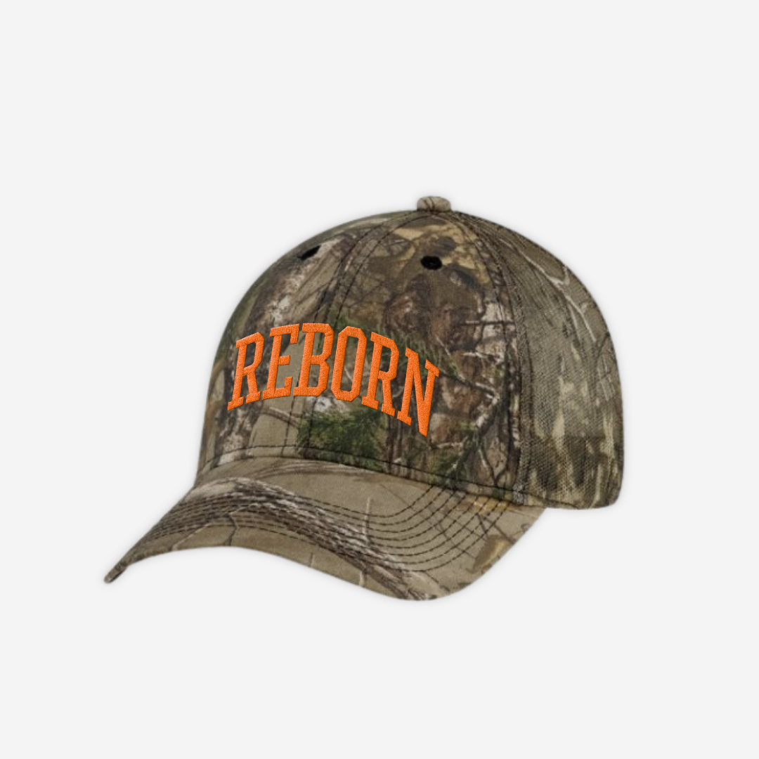 "REBORN" HAT IN ORANGE CAMO