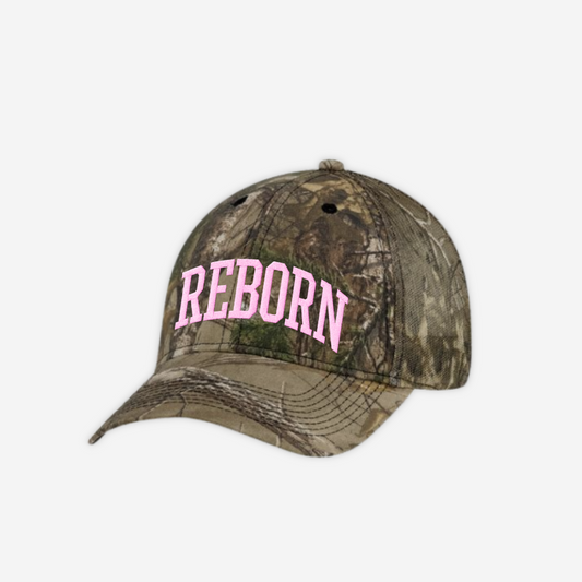 "REBORN" trucker hat in Pink Camo
