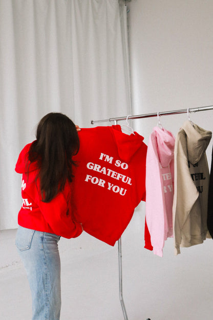 'GRATEFUL FOR YOU' red hoodie