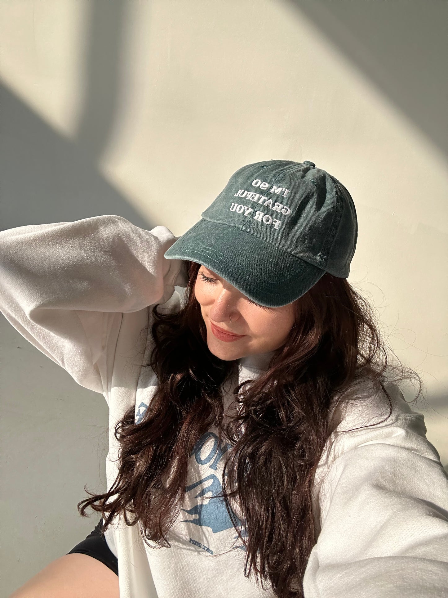 "grateful for you" dad hat in washed teal