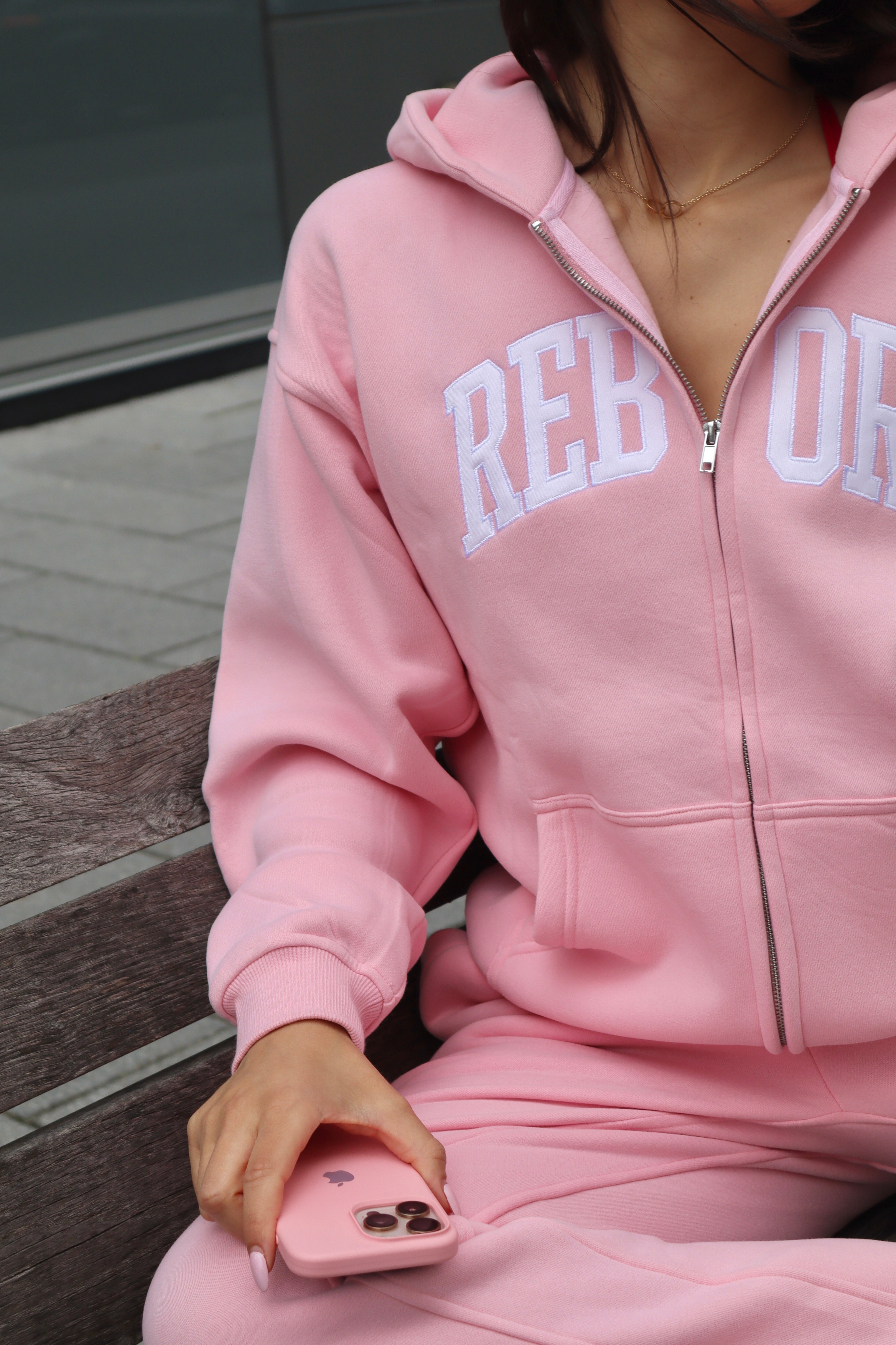 VARSITY ZIP HOODIE IN COTTON CANDY