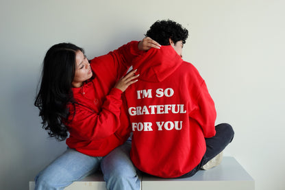 'GRATEFUL FOR YOU' red hoodie